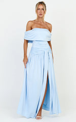 Bree Maxi Dress - Off Shoulder Draped Sash Dress in Blue