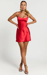 Mikaila Mini Dress - Cut Out Back Satin Slip Dress in Red