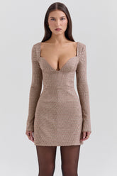 Brown Puppytooth Check Plunge Mini Dress
