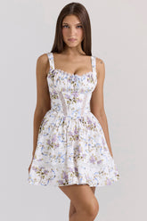 White Floral Ribbon Print Cotton Mini Dress