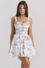 White Floral Ribbon Print Cotton Mini Dress
