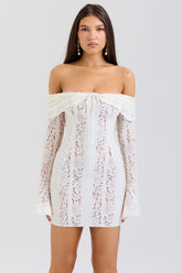 Vintage Cream Floral Lace Off Shoulder Mini Dress