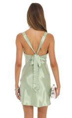 Satin V-Neck Mini Dress in Sage Green