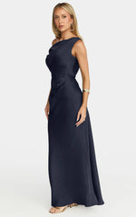 Lira Maxi Dress - One Shoulder Satin Dress in Navy