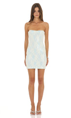 Strapless Lace Mini Dress in Light Blue and White