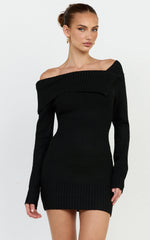 Tess Mini Dress - Asymmetric Off Shoulder Long Sleeve Knit Dress in Black