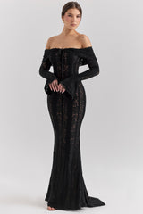 Black Off Shoulder Floral Lace Maxi Dress