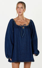 Zaria Mini Dress - Tie Detail Long Sleeve Smock Dress in Dark Blue Wash