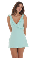 Ruffle V-Neck Dress in Aqua