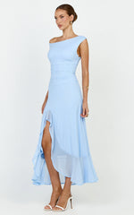 Judee Midi Dress - One Shoulder High Side Split Dress in Light Blue