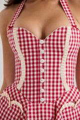 Red Gingham Cotton Halter Neck Mini Dress