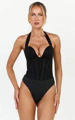 Malia Bodysuit - Lace Corset Halter Bodysuit in Black