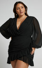 Can I Be Your Honey Mini Dress - Plunge Balloon Sleeve Dress in Black