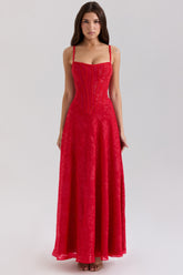 Red Lurex Chiffon Maxi Dress