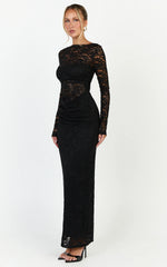 Skye Maxi Dress - Lace Long Sleeve Draped Waist Dress in Black