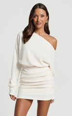 Alyce Mini Dress - Long Sleeve One Shoulder Dress in Off White