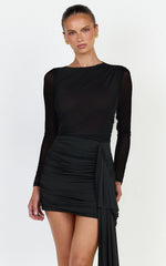 Jasmine Mini Dress - Long Sleeve Draped Skirt Overlay Dress in Black