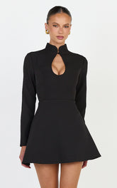 Renee Mini Dress - Long Sleeve Keyhole Fit and Flare Dress in Black