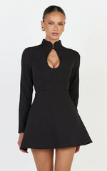 Renee Mini Dress - Long Sleeve Keyhole Fit and Flare Dress in Black