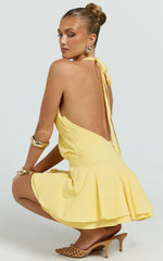 Violetta Mini Dress - Halter Neck Dropped Waist Fit and Flare Dress in Lemon