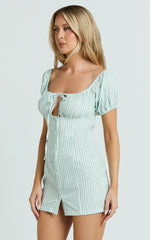 Estelle Mini Dress - Off Shoulder Ruched Bodice Fitted Placket Front Skirt Dress in Mint Stripe