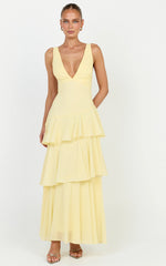 Beryl Midi Dress - Deep V Neck Sleeveless Layered Dress in Lemon