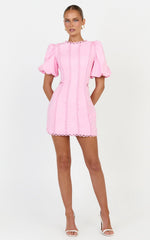 Laila Mini Linen Blend Dress - High Neck Side Cut Out Puff Sleeve Straight Dress in Pink