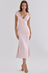 Pink Satin Lace Trim Midi Tea Dress