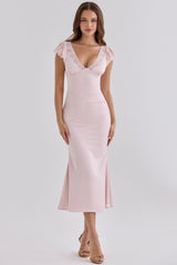 Pink Satin Lace Trim Midi Tea Dress
