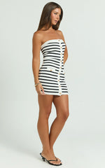 Amber Mini Dress - Strapless Knit Stripe Bodycon Dress in White/Black