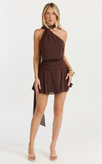 Penelope Mini Dress - Scarf Neck Backless Dress in Chocolate