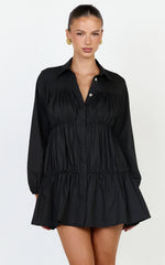 Elodie Mini Dress - Button Down Ruched Tiered Smock Dress in Black