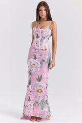 Pink Floral Corset Maxi Dress
