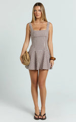 Sophia Mini Dress - Drop Waist Fit And Flare Mini Dress in Chocolate Gingham