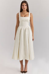 Ivory Textured Satin Corset Midi Dress