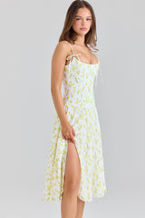 Lemon Floral Print Georgette Midi Dress