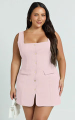 Kenna Mini Dress - Square Neck Button Down Mini Dress in Pink