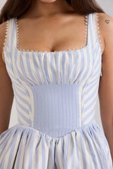 Blue Striped Pintucked Mini Dress
