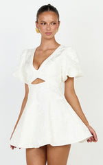 Rosalie Mini Dress - Floral Jacquard V Neck Fit and Flare Dress in White