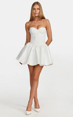 Elsie Mini Dress - Strapless Sweetheart Neckline Lace Dress With Corset Bodice And Lace Up Back in White
