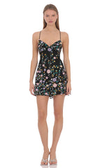 Floral Sequin Mini Dress in Black