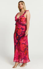 Alessa Midi Dress - V Neck Frill Detail Empire Waist Back Cut Out Dress in Adeana Print