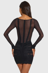 Placed Lace-Trim Long-Sleeve Mini Dress in Black