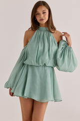 Jade Silk Organza Open Back Mini Dress