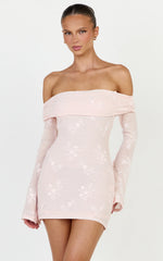 Raymond Mini Dress - Off Shoulder Long Sleeve Fitted Dress in Pink