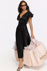 Black Real Silk V-neck Midi Tea Dress
