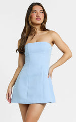 Catharine Mini Dress - Strapless A Line Dress in Blue
