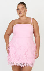 Maisie Mini Dress - Broderie Cut Out Border Hem Dress in Pink