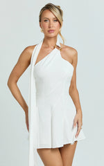 Dottie Mini Dress - Scarf Halter Neck Hardware Detail Panelled Fit And Flare Dress in White