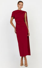 Visenta Midi Dress - Asymmetrical Sleeve Dress in Wine